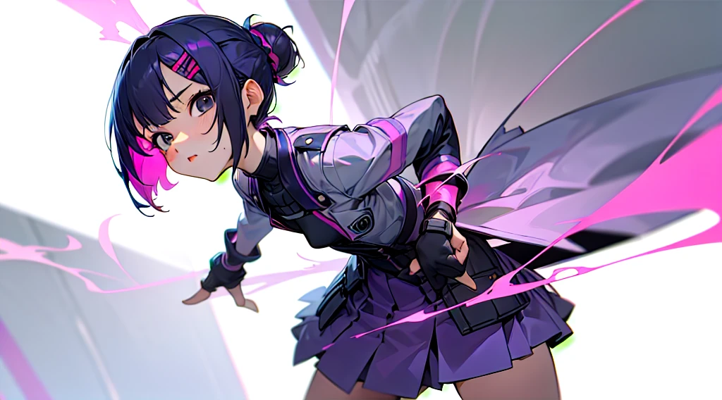 Top Quality, 8K, 4K, High Definition, Detail, (better-quality, 8K, 12), top-quality, 1 girl、purple short bob hair clip tied into a bun、black eyes、small breasts、uniform、gray jacket with pink line、blue skirt、 fingerless gloves、thighs、Ilcha fousing on her, surprise face, having her handon her face, making cute expressing face. picture pose, she is standing up,