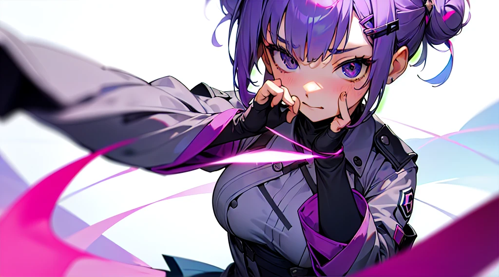 1 girl、purple short bob hair clip tied into a bun、black eyes、small breasts、uniform、gray jacket with pink line、blue skirt、 fingerless gloves、thighs、Ilcha  fousing on her, surprise face, having her hands on her face, making cute expressing face.