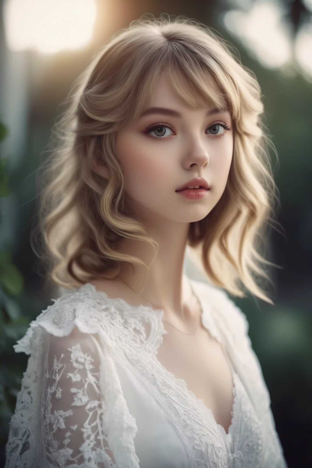 Blonde girl in white dress posing for photo, A surprisingly young and mysterious person, photorealistic anime girl render, Soft and fantastic lighting, Stylized portrait formal pose, anime. Soft lighting, Elegant digital art, Soft 3D Rendering, Elegant cinematic pose, Soft Portrait, Subtle, soft, hazy lighting, Smooth 3D CG Rendering, beautiful Soft lighting,(close up face), (adolescence girl), small smile, (white detailed princess dress), a lot of frills, frilly long sleeves, white lace cape, beautiful tender eyes symmetrical, (beautiful and detailed face), beautiful long black hair, blunt bangs, nice hands, perfect hands, (palace garden)