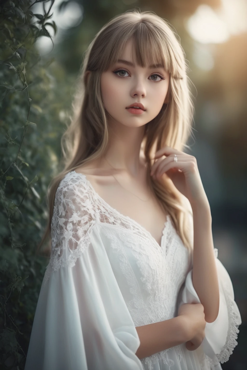 Blonde girl in white dress posing for photo, A surprisingly young and mysterious person, photorealistic anime girl render, Soft and fantastic lighting, Stylized portrait formal pose, anime. Soft lighting, Elegant digital art, Soft 3D Rendering, Elegant cinematic pose, Soft Portrait, Subtle, soft, hazy lighting, Smooth 3D CG Rendering, beautiful Soft lighting,(close up face), (adolescence girl), small smile, (white detailed princess dress), a lot of frills, frilly long sleeves, white lace cape, beautiful tender eyes symmetrical, (beautiful and detailed face), beautiful long black hair, blunt bangs, nice hands, perfect hands, (palace garden)