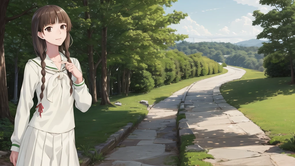 16 years old, masterpiece, Highest quality, High resolution, aayoshino, Slender figure, Sickly, White Rose, Long Hair, Twin Blade, Brown eyes, Hair that falls over the shoulders, , Sailor collar, neckerchief, Green Shirt, One piece sailor shirt, Long sleeve, Green Skirt, Long skirt, Are standing, Cowboy Shot, Outdoor, White Rose庭園, Person on the right, Shining Face