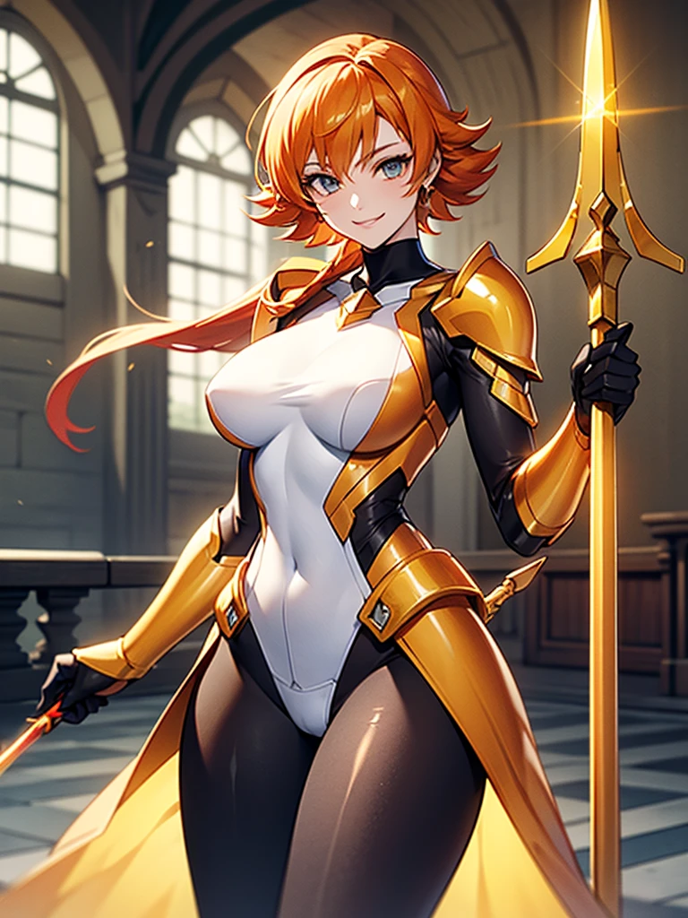 (solo), (bodysuit), (smile), pale skin, (pale), indoors, large breasts, ((holding a spear)), weapon, spear, happy, radiant glow, ((cowboy shot)), (holy aura), orange hair, ginger hair, long weapon, lance, holding a lance, golden lance, (one lance), ((one lance)), (golden lance)