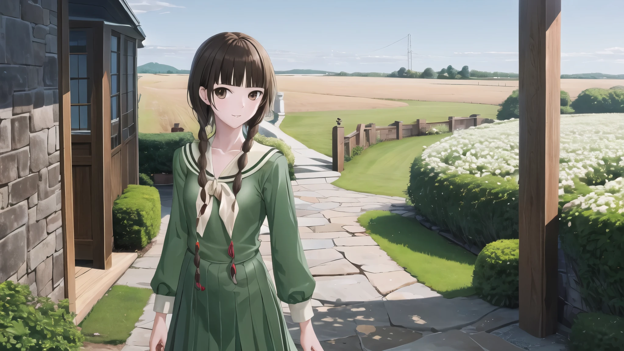 , masterpiece, Highest quality, High resolution, aayoshino, Slender figure, Sickly, White Rose, Long Hair, Twin Blade, Brown eyes, Hair that falls over the shoulders, , Sailor collar, neckerchief, Green Shirt, One piece sailor shirt, Long sleeve, Green Skirt, Long skirt, Are standing, Cowboy Shot, Outdoor, White Rose庭園, Person on the right, Shining Face