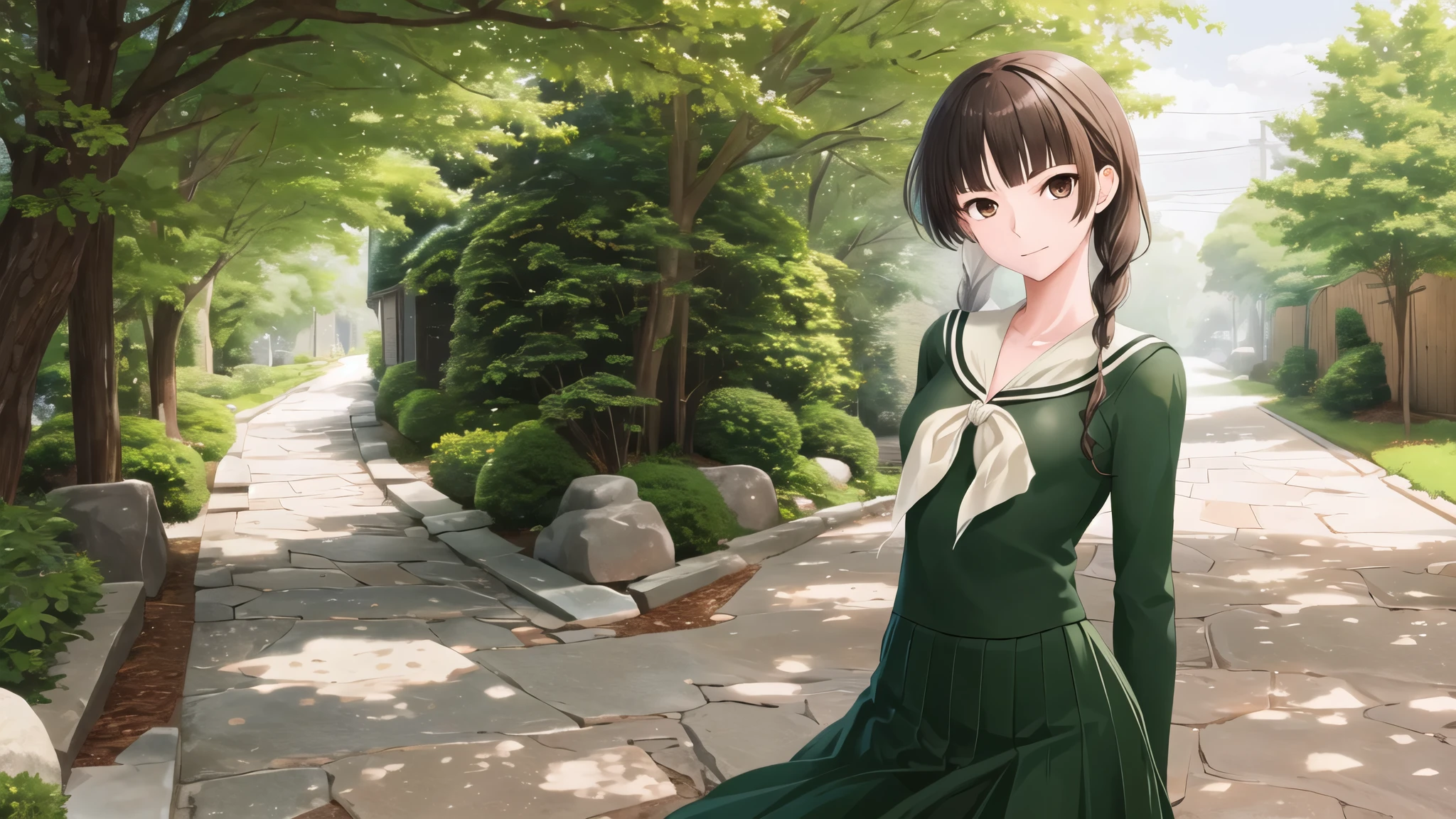 16 years old, masterpiece, Highest quality, High resolution, aayoshino, Slender figure, Sickly, White Rose, Long Hair, Twin Blade, Brown eyes, Hair that falls over the shoulders, , Sailor collar, neckerchief, Green Shirt, One piece sailor shirt, Long sleeve, Green Skirt, Long skirt, Are standing, Cowboy Shot, Outdoor, White Rose庭園, Person on the right, Shining Face