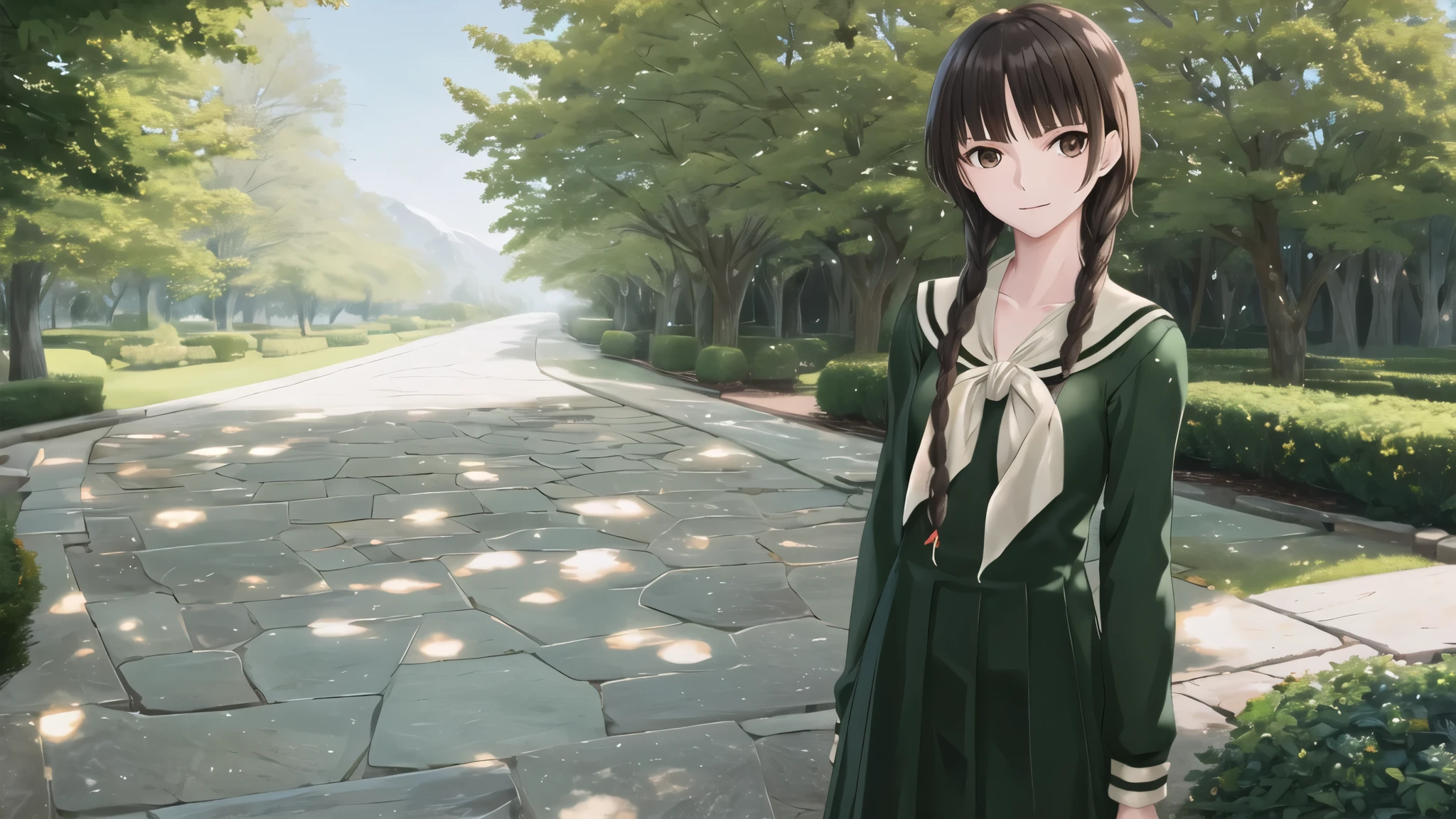 , masterpiece, Highest quality, High resolution, aayoshino, Slender figure, Sickly, White Rose, Long Hair, Twin Blade, Brown eyes, Hair that falls over the shoulders, , Sailor collar, neckerchief, Green Shirt, One piece sailor shirt, Long sleeve, Green Skirt, Long skirt, Are standing, Cowboy Shot, Outdoor, White Rose庭園, Person on the right, Shining Face