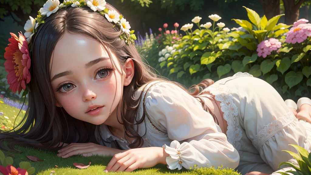 Girl In The Garden,Beautiful attention to detail,Beautiful lip detail,Highly detailed eyes and face,Long eyelashes,figure,Super detailed,High resolution,Vibrant colors,(Highest quality,4K,8K,High resolution,masterpiece:1.2),landscape,Bokeh,Soft natural light