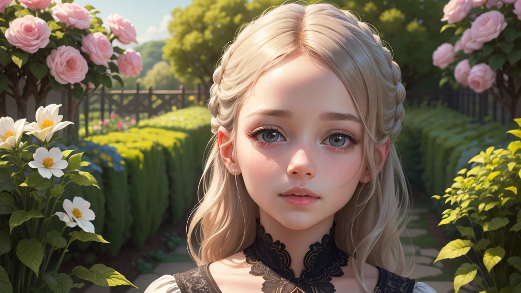 Girl In The Garden,Beautiful attention to detail,Beautiful lip detail,Highly detailed eyes and face,Long eyelashes,figure,Super detailed,High resolution,Vibrant colors,(Highest quality,4K,8K,High resolution,masterpiece:1.2),landscape,Bokeh,Soft natural light