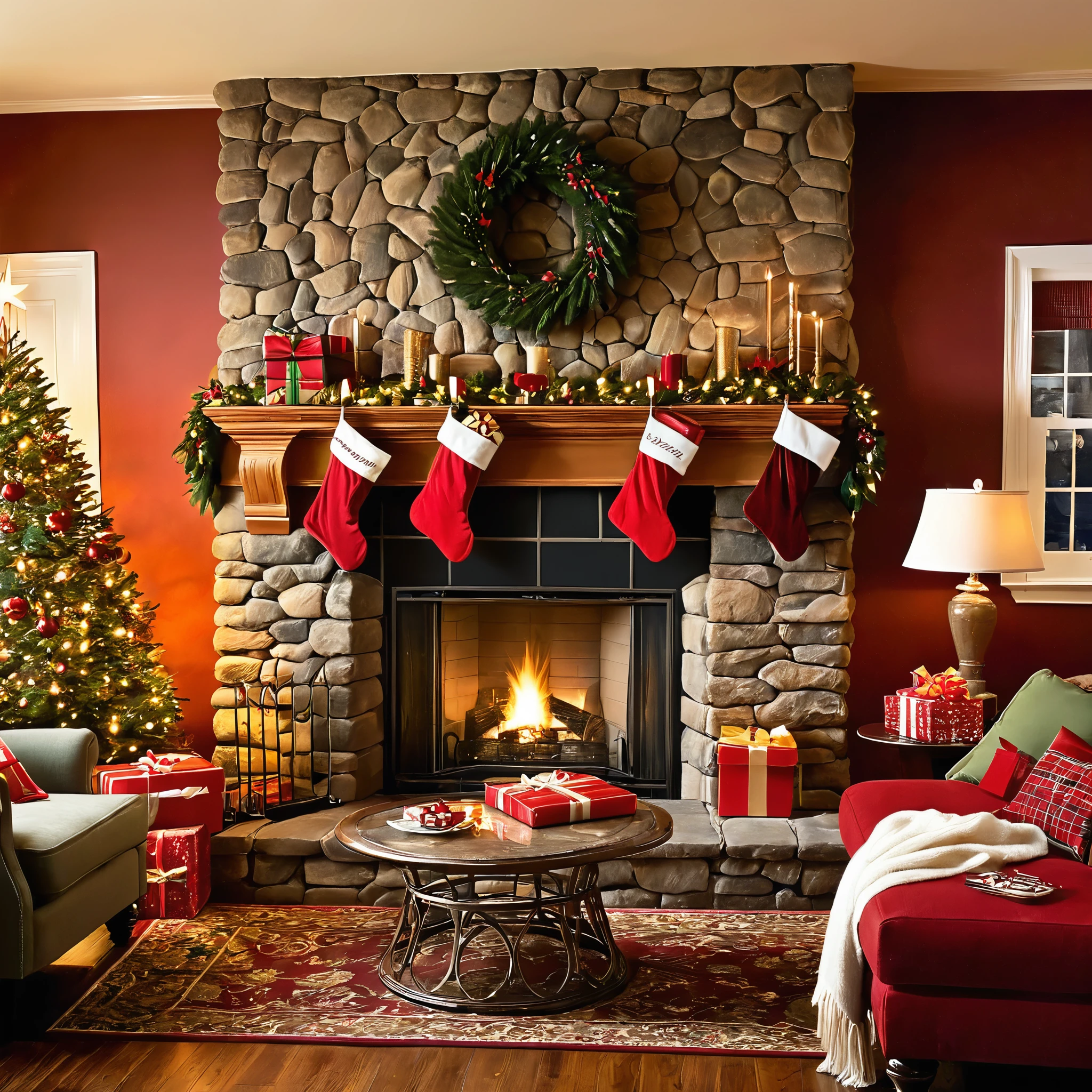 Illustrate a warm, cozy living room with a crackling fireplace, stockings hung by the mantle, and a family gathered to exchange gifts