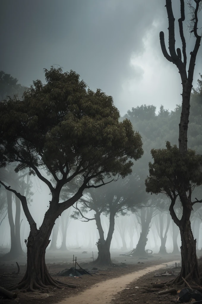 A desert island shrouded in thick fog, with twisted trees and dry leaves. In the center, a small village of huts made of bones and skins, where members of an isolated, cannibalistic tribe gather around a campfire. Their features are grim and frightening, with ominous paintings. Remains of victims scattered across the ground add a morbid touch to the scene. The dark and stormy sky contributes to a terrifying and gloomy atmosphere.