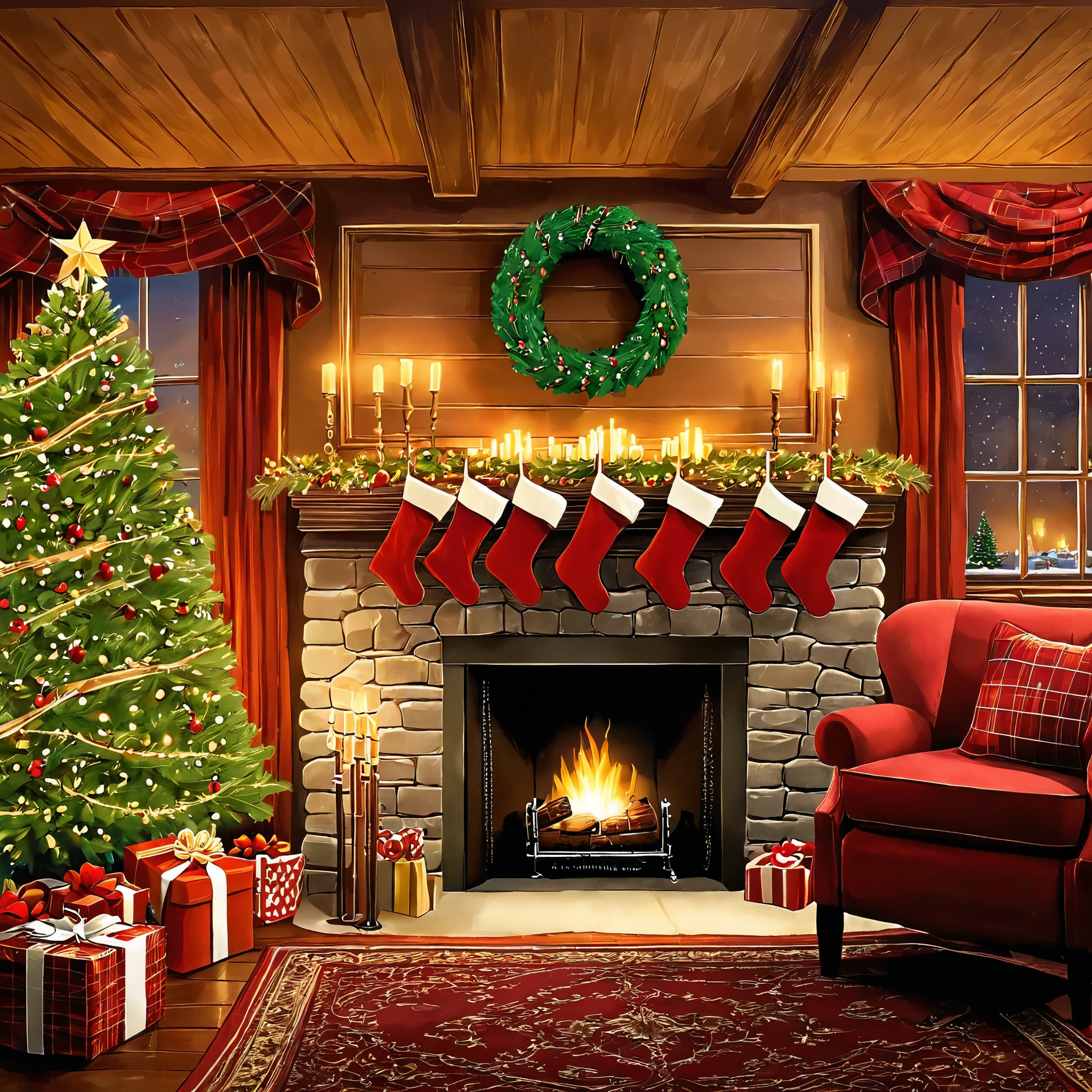 Illustrate a warm, cozy living room with a crackling fireplace, stockings hung by the mantle, and a family gathered to exchange gifts