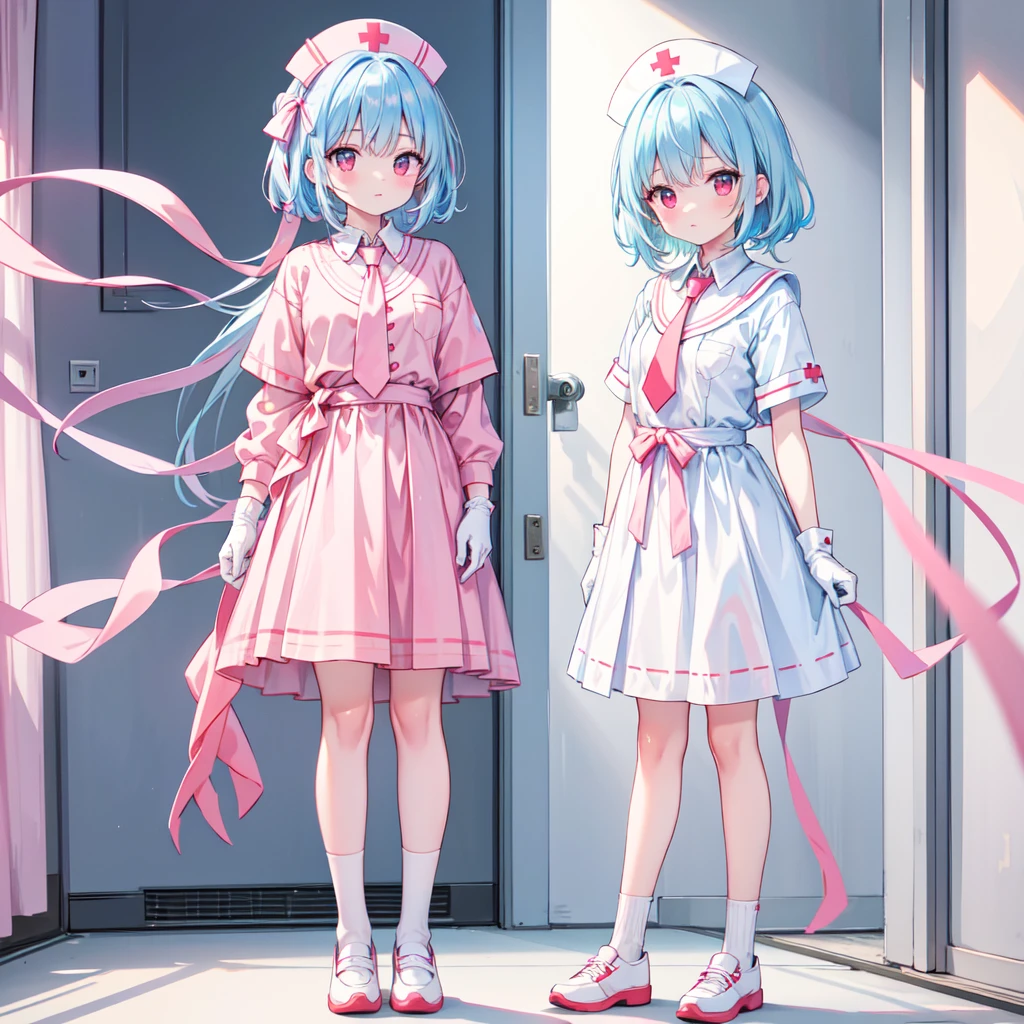 1 . short light blue hair. red eyes. wearing nurse outfit with color combinations of light blue, white and pink. wearing pink ribbon necktie. wearing white sash. wearing white shorts. wearing white long socks. wearing dark blue shoes. wearing white nurse hat. wearing white gloves. standing inside a hospital. absurdness, high res, ultrasharp, 8k, masterpiece, perfect face