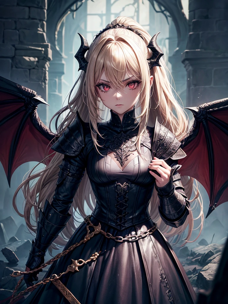 devil horns, angel wings, Halo, Glaring at viewer, slit pupils, cursed armor covered in blood, chimaera, Lilica covered in blood, medieval, village ruins, blood everywhere, lots of blood,