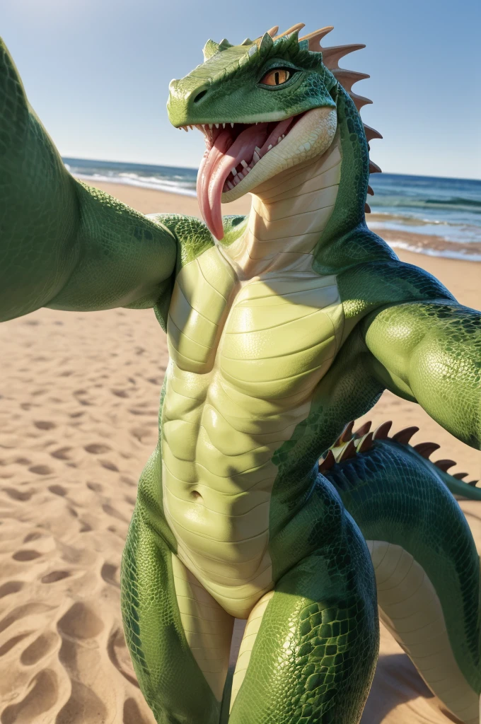 Crocodile, scalie, male, beach, by bebebebebe, standing, wide hips, small waist, under view, close view, selfie, POV selfie, open mouth, tongue, light green body