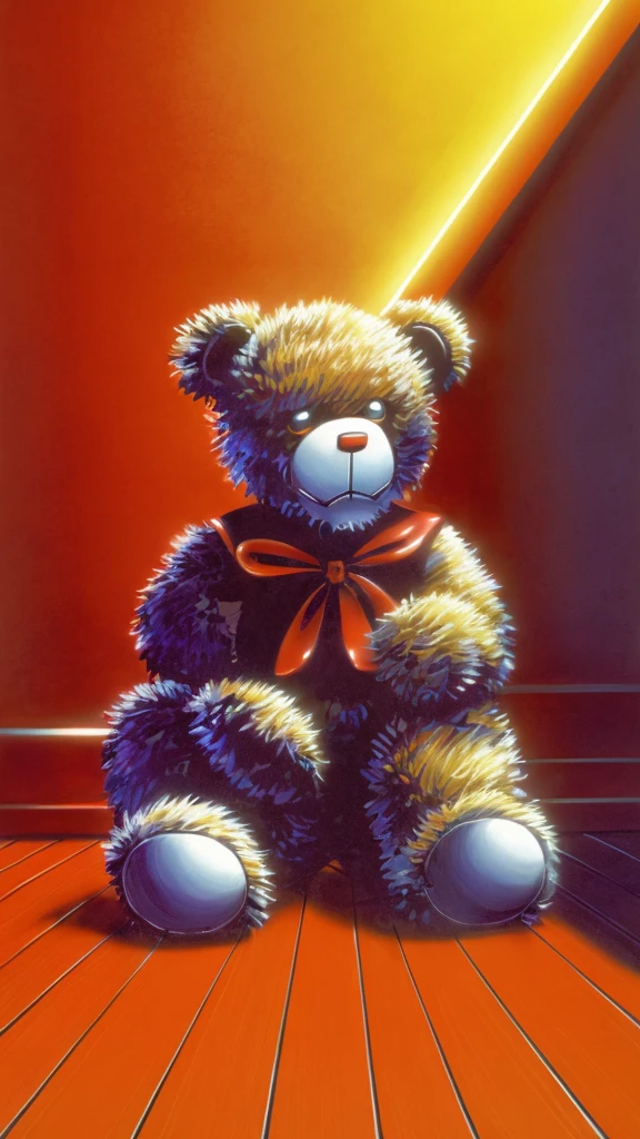 A teddy bear with red vest on,glowing eyes sitting on the floor, (((goosebumps art by tim jacobus)))