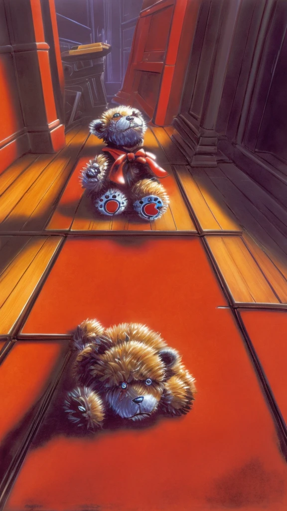 A teddy bear with red vest on,glowing eyes sitting on the floor, (((goosebumps art by tim jacobus)))