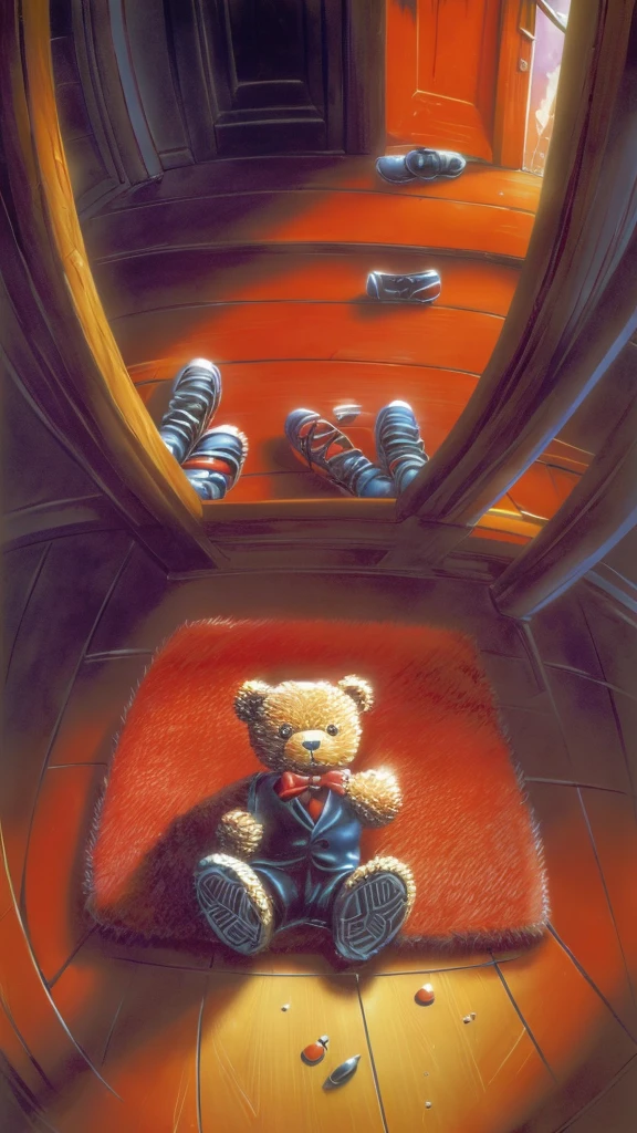 A teddy bear with red vest on,glowing eyes sitting on the floor, (((goosebumps art by tim jacobus)))