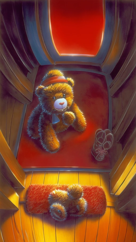 A teddy bear with red vest on,glowing eyes sitting on the floor, (((goosebumps art by tim jacobus)))