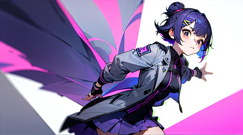 1 girl、purple short bob hair clip tied into a bun、black eyes、small breasts、uniform、gray jacket with pink line、blue skirt、 fingerless gloves、thighs、Ilcha fousing on her, surprise face, having her hands on her face, making cute expressing face.