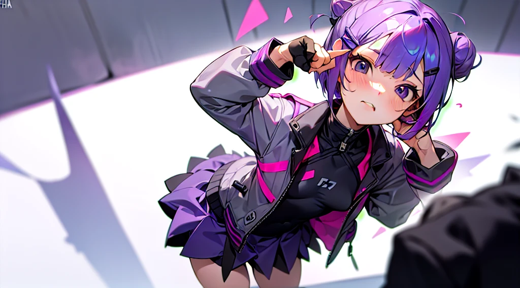 Girl,female,Purple white Jacket(Neon lights Yellow),neon lights yellow,purple eyes,violet hair, short pants black,pony tail hair