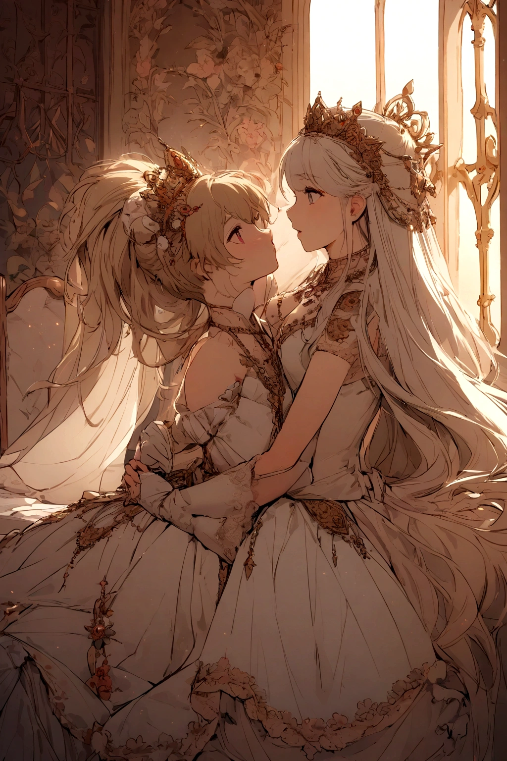 White Blonde hair, fluffy hair, stylish hair, long hair, lilac eyes, perfect eyes, beautiful, perfect face, tween, dainty , short, kind, curvy, a flowing pale airy gown with ruffles along the bottom with tiny pink flowers and gold dragon embroideries with flowers, Her tiara had a pretty teal gemstones, silver necklace, noble class, royal, royalty, red castle, feasting hall, medieval, elegant surroundings, soft dewy makeup look, light peach blush, soft tan eyeshadow, light coral lipstick, cutesy, girlish, girly, guileless, ingénue, princess , whimsical lighting, Targaryen, dragons in the sky, photorealistic
