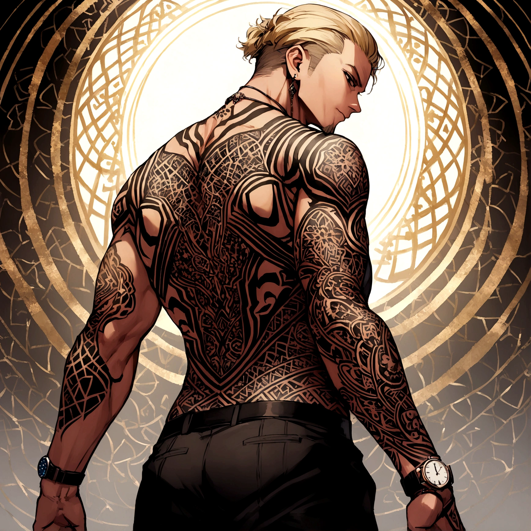 a middle-aged man with a full body tattoo, detailed tattoos covering his upper body, blonde hair, black eyes, necklace, wristwatch, cleft chin, solo shot from a slightly behind angle, natural lighting highlighting the intricate details of the tattoos, (Backpiece), (Back view), (look back),(🌺Pattern tattoo)