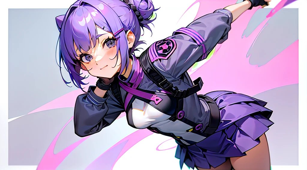 1 girl、purple short bob hair clip tied into a bun、black eyes、small breasts、uniform、gray jacket with pink line、blue skirt、 fingerless gloves、thighs、Ilcha fousing on her, surprise face, having her hands on her face, making cute expressing face.