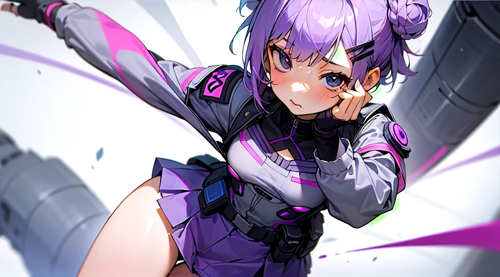 1 girl、purple short bob hair clip tied into a bun、black eyes、small breasts、uniform、gray jacket with pink line、blue skirt、 fingerless gloves、thighs、Ilcha fousing on her, surprise face, having her hands on her face, making cute expressing face.
