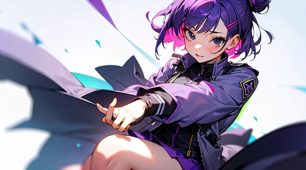 1 girl、purple short bob hair clip tied into a bun、black eyes、small breasts、uniform、gray jacket with pink line、blue skirt、 fingerless gloves、thighs、Ilcha fousing on her, surprise face, having her hands on her face, making cute expressing face.
