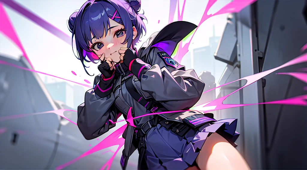 1 girl、purple short bob hair clip tied into a bun、black eyes、small breasts、uniform、gray jacket with pink line、blue skirt、 fingerless gloves、thighs、Ilcha fousing on her, surprise face, having her hands on her face, making cute expressing face.