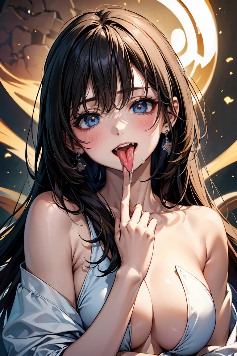 (masterpiece), ((最high quality)), (masterpiece,最high quality,Official Art,Highly detailed CG Unity 8k wallpaper)、Beautiful Japanese Women、Face drawn in detail、Smooth Skin、Calm expression、high quality、Realistic、((Hollow Eyes:1.6))、A seductive smile、((Open your mouth wide:1.9))、Looking up at the viewer:1.4、((Place one hand over your mouth:1.3))、Big Breasts、(Perfect Anatomy、Five fingers)
