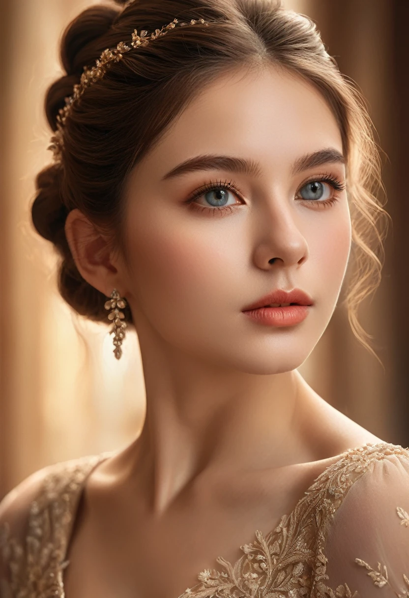 a beautiful young woman, 1girl, detailed face, beautiful eyes, long eyelashes, detailed lips, intricate hairstyle, elegant dress, soft lighting, serene expression, photorealistic, hyper detailed, 8k, high quality, digital painting, cinematic lighting, dramatic shadows, warm color palette, dramatic composition, highly detailed, masterpiece