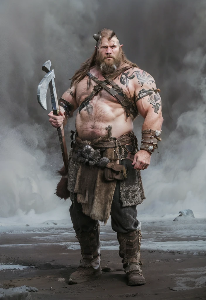 Primitive barbarian warrior with horned viking helmet