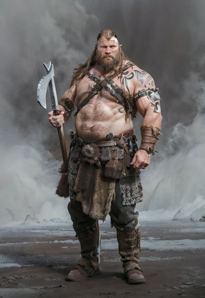Primitive barbarian warrior with horned viking helmet