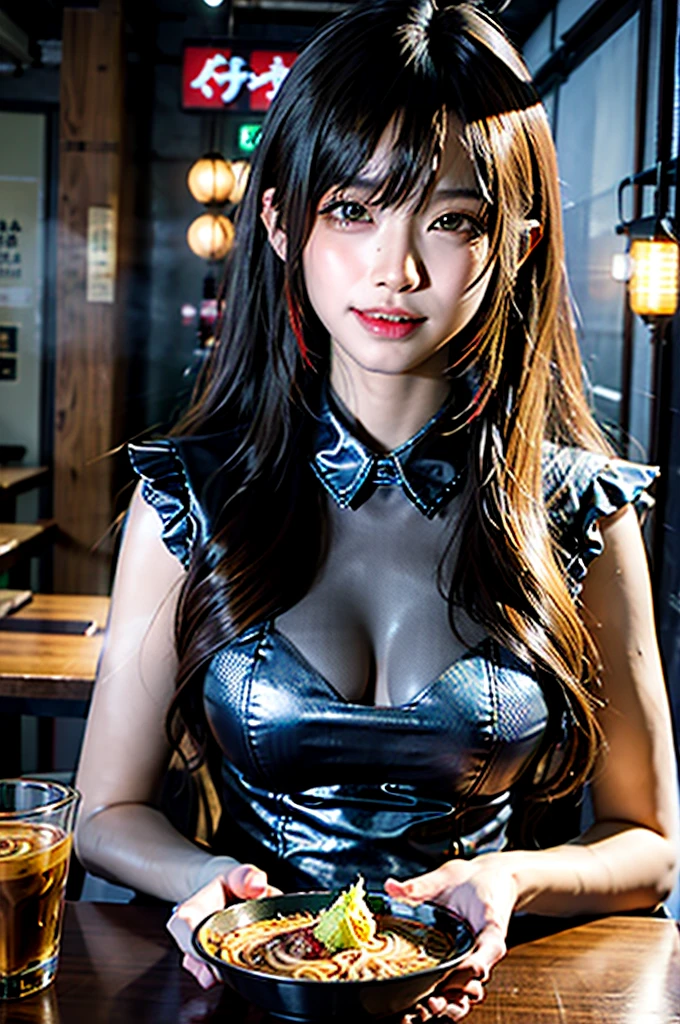 (masterpiece), best quality, ultra high res, close up, slim body, 1girl,, long hair, laughing, ramen, night, Tokyo restaurant background, colorful lights, photon mapping, radiosity, physically-based rendering, cinematic lighting, intricate, High Detail, Sharp focus, dramatic, photorealistic