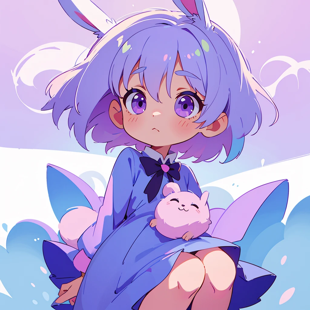 A cute little , 5 years old, wee,  with short white hair, with pink highlights, big and purple eyes, blue dress and bunny ears