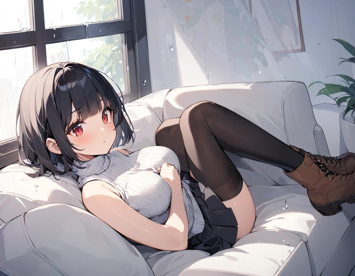 It is raining outside the apartment window. She is lying on the sofa next to the window and reading. 1girl,solo,blunt-bangs,19 years old,short-hair,large_breasts,black-hair,red-eyes, thin_sleeveless_turtleneck_white_sweater,black_pleated_skirt,black_thighhighs,brown_boots,