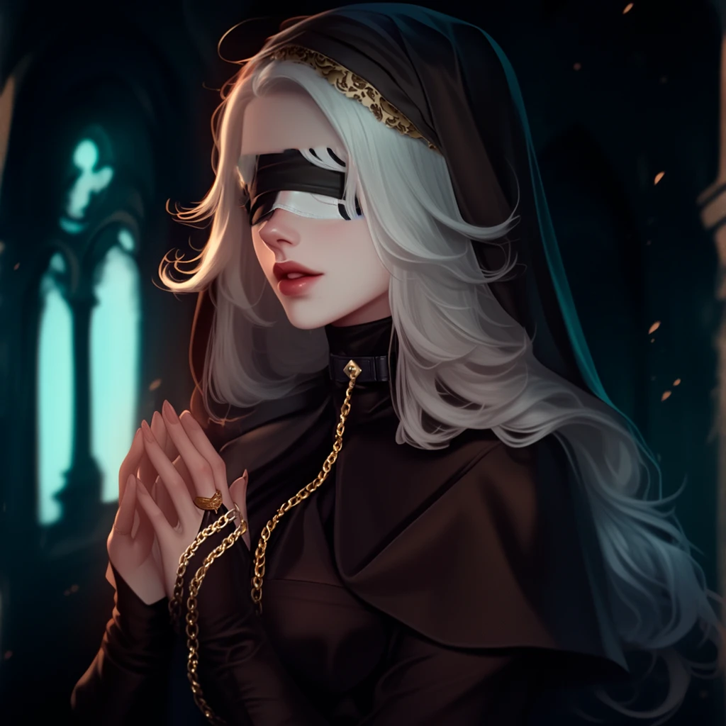 anime girl in black cape and hood holding a chain, dark fantasy style art, non-style artwork by guweiz, Dark fantasy portrait, painted in the style arcane, Dark Fantasy Illustration, fanart best art station, alexandra fomina artstation, BLACK VEIL, translucent blind mask, full body, 2b outfit, 2b nier dress, nier outfit