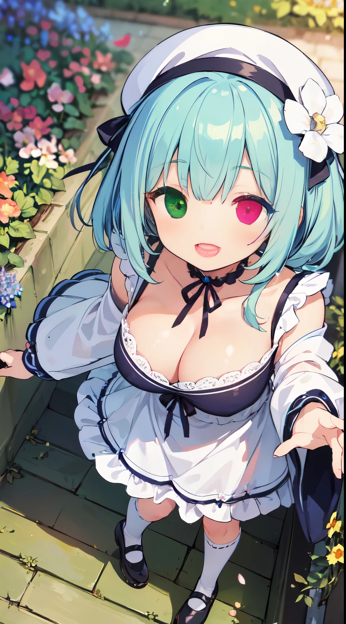 (super fine illustration:1.2),(masterpiece, 8k), (best quality, high quality:1.4), perfect anatomy, hyper detailed, ultra detailed,masterpiece background,beautiful detailed background, v8k wallpaper,perfect design,award-winning art,atmospheric,
BREAK Beauty 1 Girl,Solo,(Cute:1.5),(Chibi:0.6),(kawaii:1.5),(:0.5),BREAK,(17 yl),Very detailed,colourfull,highest details,Clear skin,Beautiful skin,Shy,Very detailed,colourfull,highest details,BREAK,Clear skin,Beautiful skin,Shy skin,1 beautiful girl,(Heterochromia,blue eyes,green eyes:1.75),star eye silhouette,BREAK (pale blue hair, Medium length:1.4),(side ponytail,A little curly hair,Princess Cut, crossed bangs:1.3),(cleavage of the breast,Big breasts,Beautiful breasts,Large breasts:1.5),(long eyelashes, Double eyelids:1.2),Solo,gleaming skin, Clear skin, Beautiful skin,(best quality face),(Top quality glowing eyes), (The best smile,:D:1.45),
BREAK, (music motif inspired:1.2), white lace, (closed collar long-sleeved blouse:1.2) with frilled and ribbon, a volumey pannier under a (musical note-pattern long dress:1.6) with (lots of layered frills:1.2) and ribbons, (lace ruffle socks:1.2), music-themed accessories, hat, platform shoes,BREAK, (flower garden:1.8), (magic circle:1.3), (fantasy:1.5), (long shot:1.5), Midday, (light rays:1.2), lights, blue sky, wind, fluttering petals, illusion effect, magic effect,
BREAK,wakame,wakame,wakame,(looking up,from front above:1.5)
(going up on stairs:1.5),
BREAK,(Blurry background:1.3),(absurderes, hight resolution, Super Detail Art),cel shading,Clear Color, Lonely optical effect, Beautiful pictures, Bright glow, mystic atmosphere,(Close-up of girl:1.1), Mystical light particle effect,manga influence, clean line drawings,