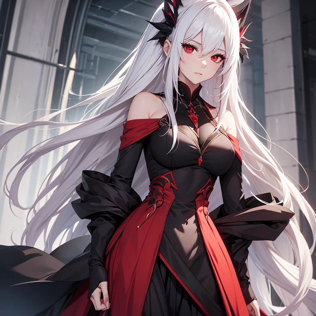 sensual female character with long white hair. Red eyes. mature face. black dress with low neckline.