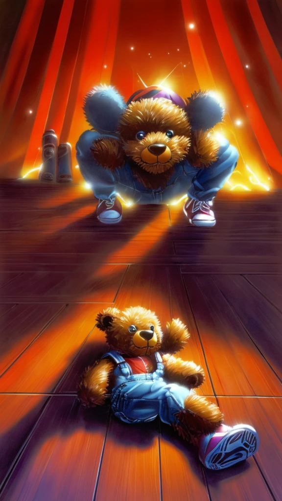 A teddy bear wearing red vest on,glowing eyes sitting on the floor, (((goosebumps art by tim jacobus)))