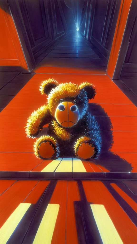 A teddy bear wearing red vest on,glowing eyes sitting on the floor, (((goosebumps art by tim jacobus)))