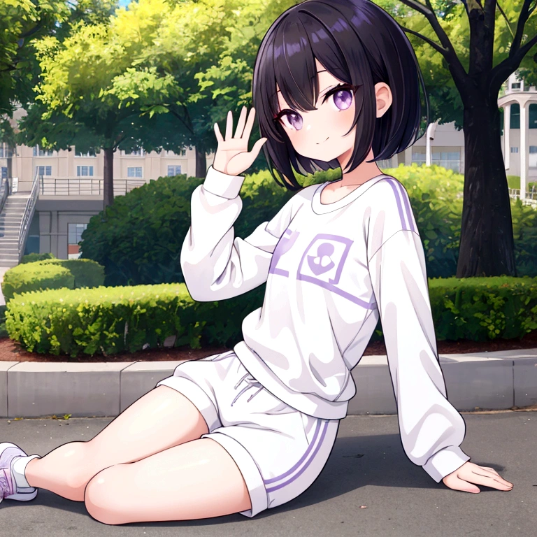 a cute lady sitting at sunny park, black short hair, bob hair, looking back at me, waving hand near her face, light smile, purple eyes, detailed pupil, detailed eyes, whole body, masterpiece, top quality, slender body, flat chest, sneakers, white jogging wear, beautiful thigh, Short socks