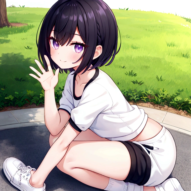 a cute lady sitting at sunny park, black short hair, bob hair, looking back at me, waving hand near her face, light smile, purple eyes, detailed pupil, detailed eyes, whole body, masterpiece, top quality, slender body, flat chest, sneakers, white jogging wear, beautiful thigh, Short socks