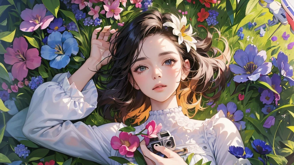 (Face close-up: 1.2), (Upper body portrait: 1.3), ((Woman lying in a flower garden)), Early in the morning, (((Top View, Drone photography))), Sexy pose, Dramatic Light