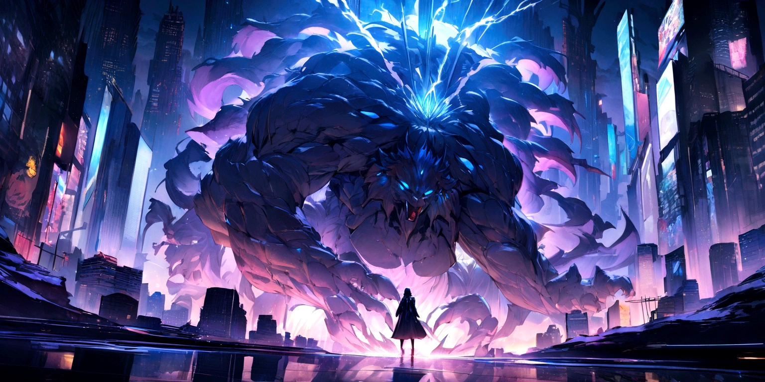 ((masterpiece, Highest quality, Best image quality, High resolution、4k)) Huge Mighty Devil Wheel、In the center of the wheel is the face of a demon lion、Burning Wheels、Glowing blue eyes and advanced cybernetic enhancements. Seen in dynamic action poses, reflection on a smooth surface. The cityscape below is filled with towering skyscrapers., illuminated by colorful holographic advertisements, Shining with blue energy, Mighty power. The overall atmosphere is dark and mysterious., It had a futuristic techno vibe.. The lighting is dramatic, Intense highlights and deep shadows, Creates depth and tension.