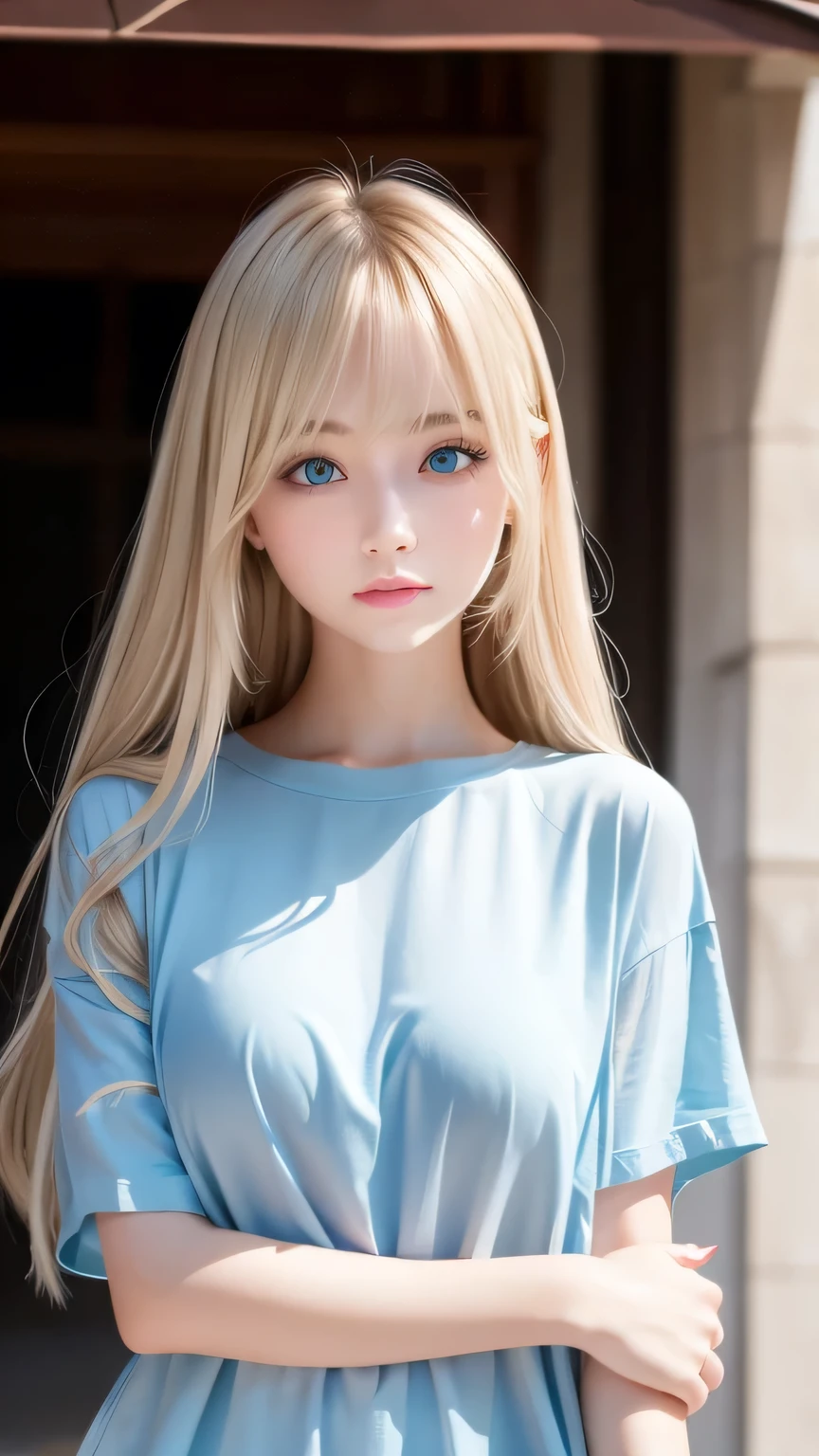 Super long straight silky blonde hair、Bangs hanging over the eyes、bangs on the face、A woman with beautiful, bright, large blue eyes is taking a photo, gorgeous young beautiful model, Portrait of Sophie Mudd, Beautiful female model, cute young beautiful girl, Portrait of a beautiful model, Beautiful Woman Photos, Perfect Face, 16 year old beautiful girl model, Beautiful young face, Blonde beautiful girl、Small Face Beauty、Round face、Tshirt、Ample Bust
