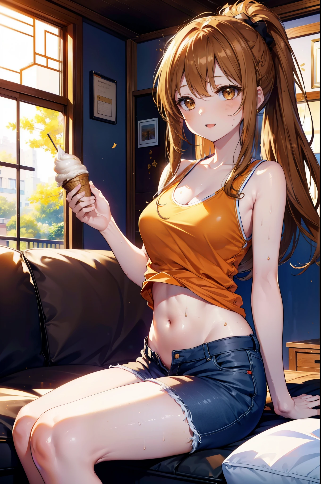 a sun ayuuki, a sun a yuuki, Long Hair, Brown Hair, (Brown eyes:1.8), ponytail,Sweat,濡れて透けたTank top,Tank top,Belly button,happy smile, smile, Open your mouth,Shorts,barefoot,Sitting on the sofa,Holding an ice cream in one hand,noon,Clear skies,
Break indoors,room,
壊す looking at viewer,Systemic
break (masterpiece:1.2), Highest quality, High resolution, unity 8k wallpaper, (shape:0.8), (Fine and beautiful eyes:1.6), Highly detailed face, Perfect lighting, Highly detailed CG, (Perfect hands, Perfect Anatomy),