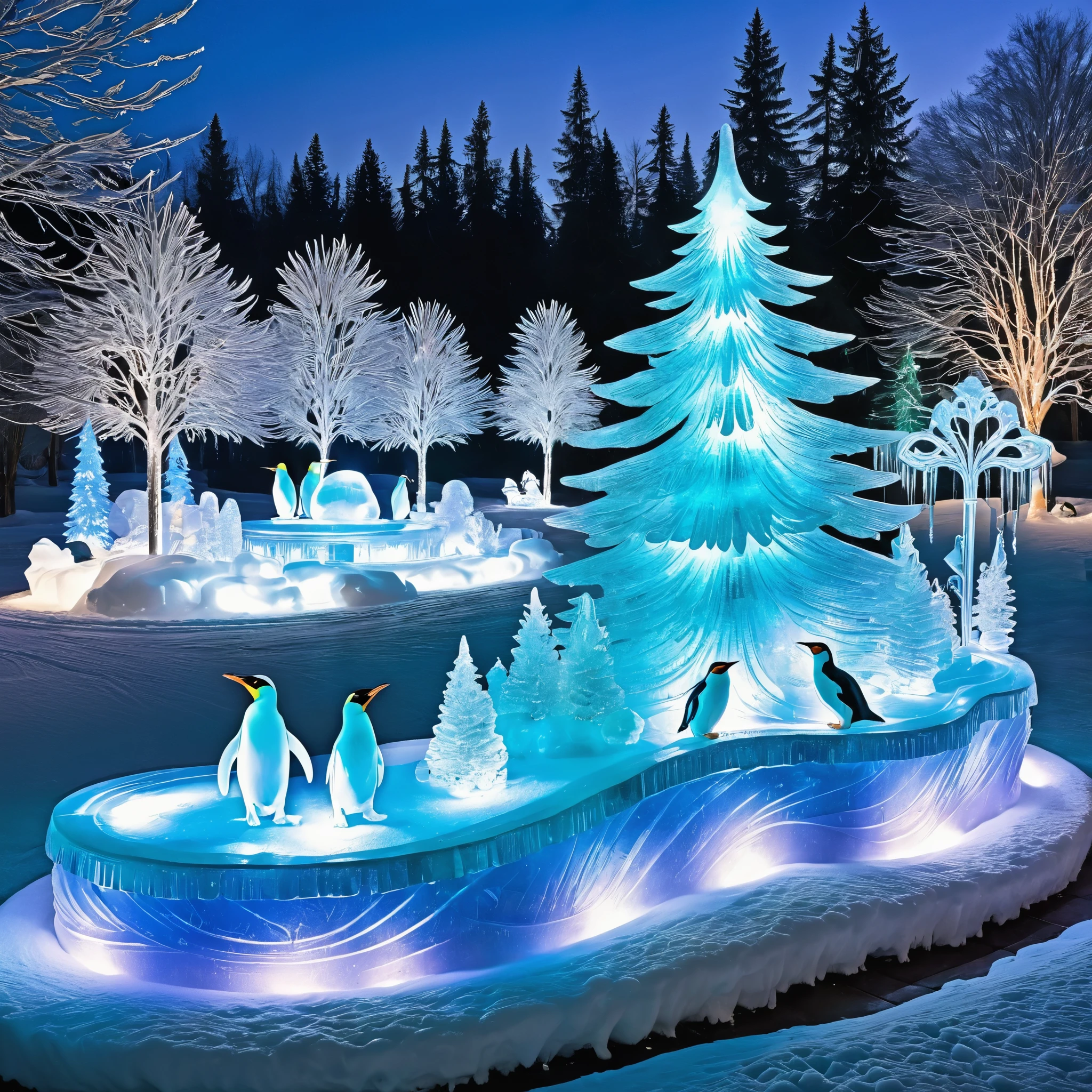 Generate a winter wonderland scene with ice sculptures, skating penguins, and shimmering icicles. Convey the beauty of a frozen landscape.