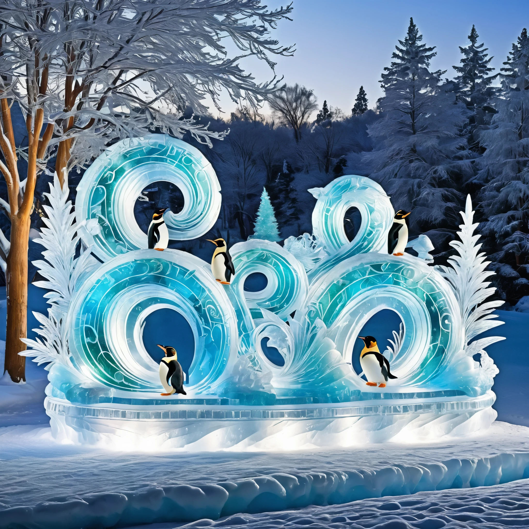 Generate a winter wonderland scene with ice sculptures, skating penguins, and shimmering icicles. Convey the beauty of a frozen landscape.