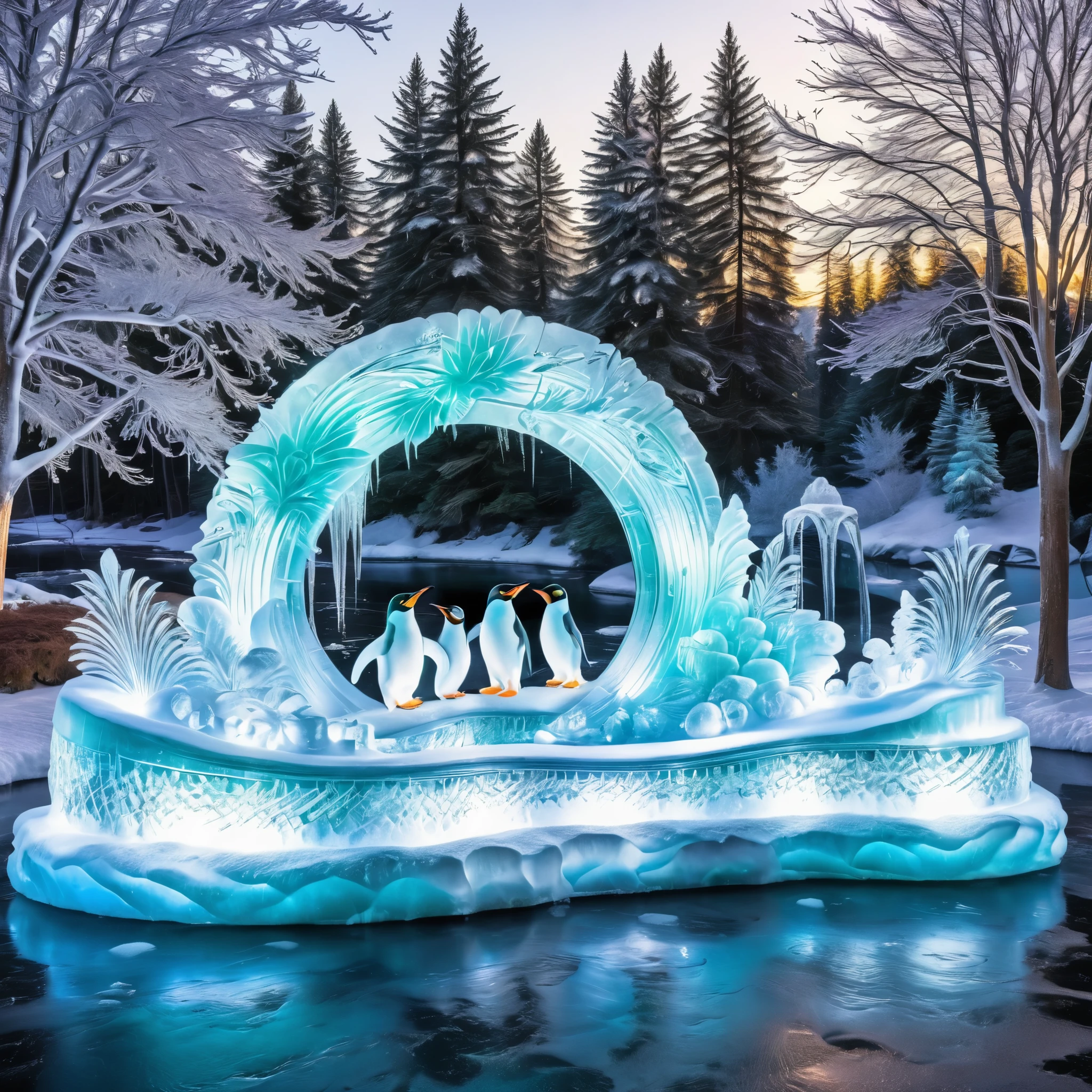 Generate a winter wonderland scene with ice sculptures, skating penguins, and shimmering icicles. Convey the beauty of a frozen landscape.